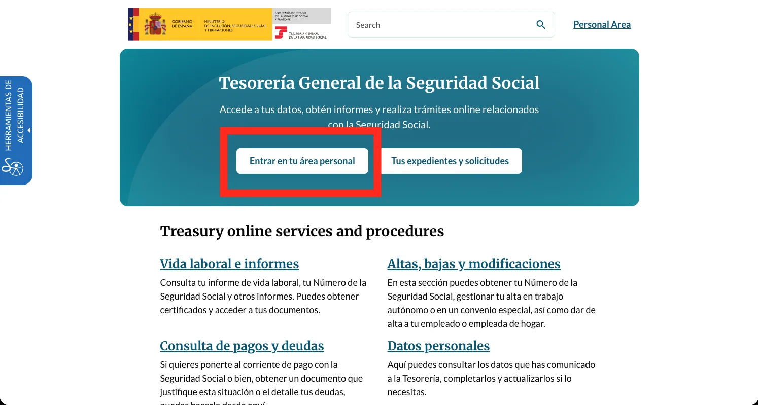 The Import@ss portal homepage with the white 'Entrar en tu área personal' button highlighted in the teal banner headed 'Tesorería General de la Seguridad Social'.