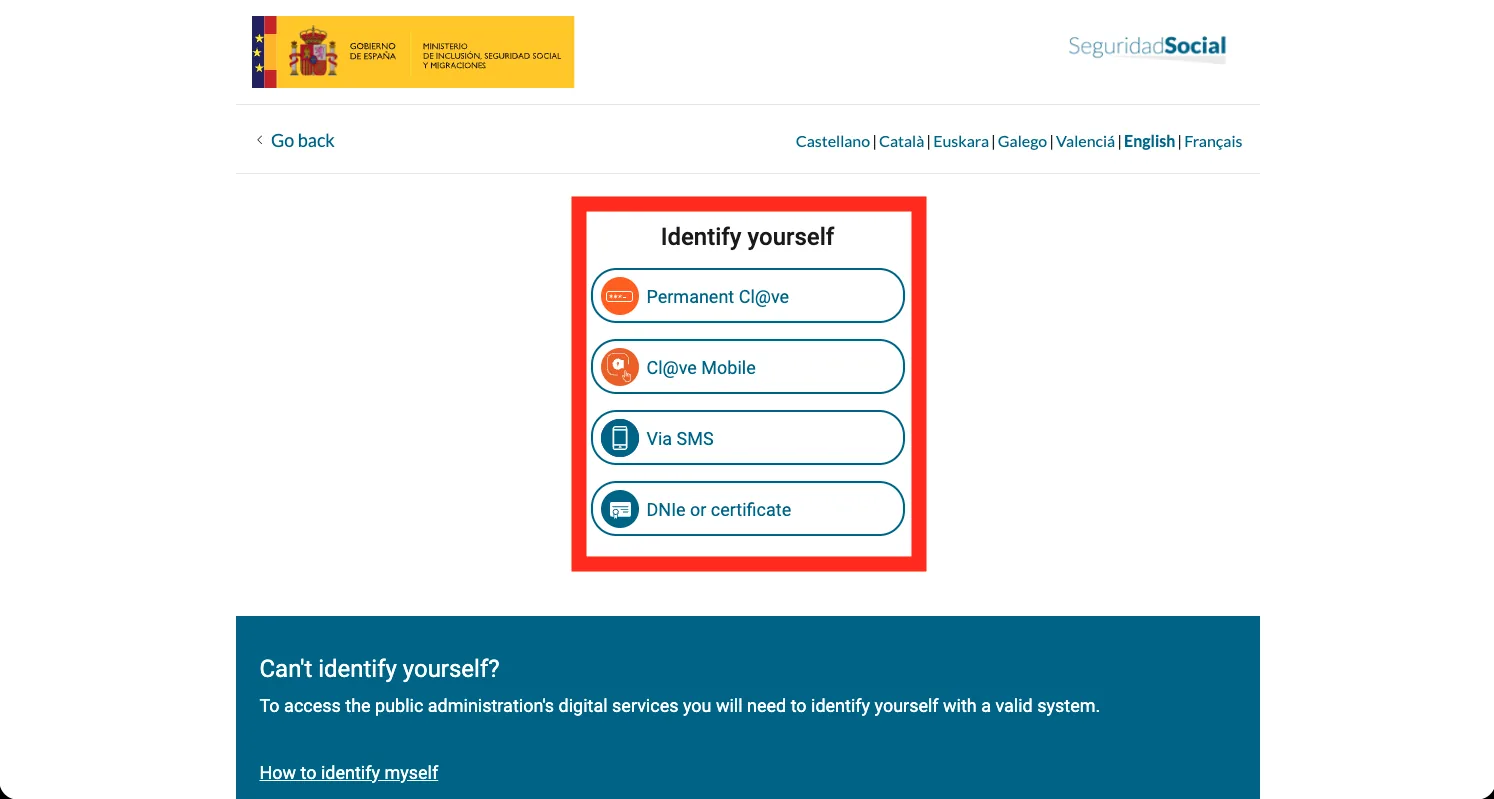 The Seguridad Social 'Identify yourself' login gateway with four options highlighted: Permanent Cl@ve, Cl@ve Mobile, Via SMS, and DNIe or certificate.