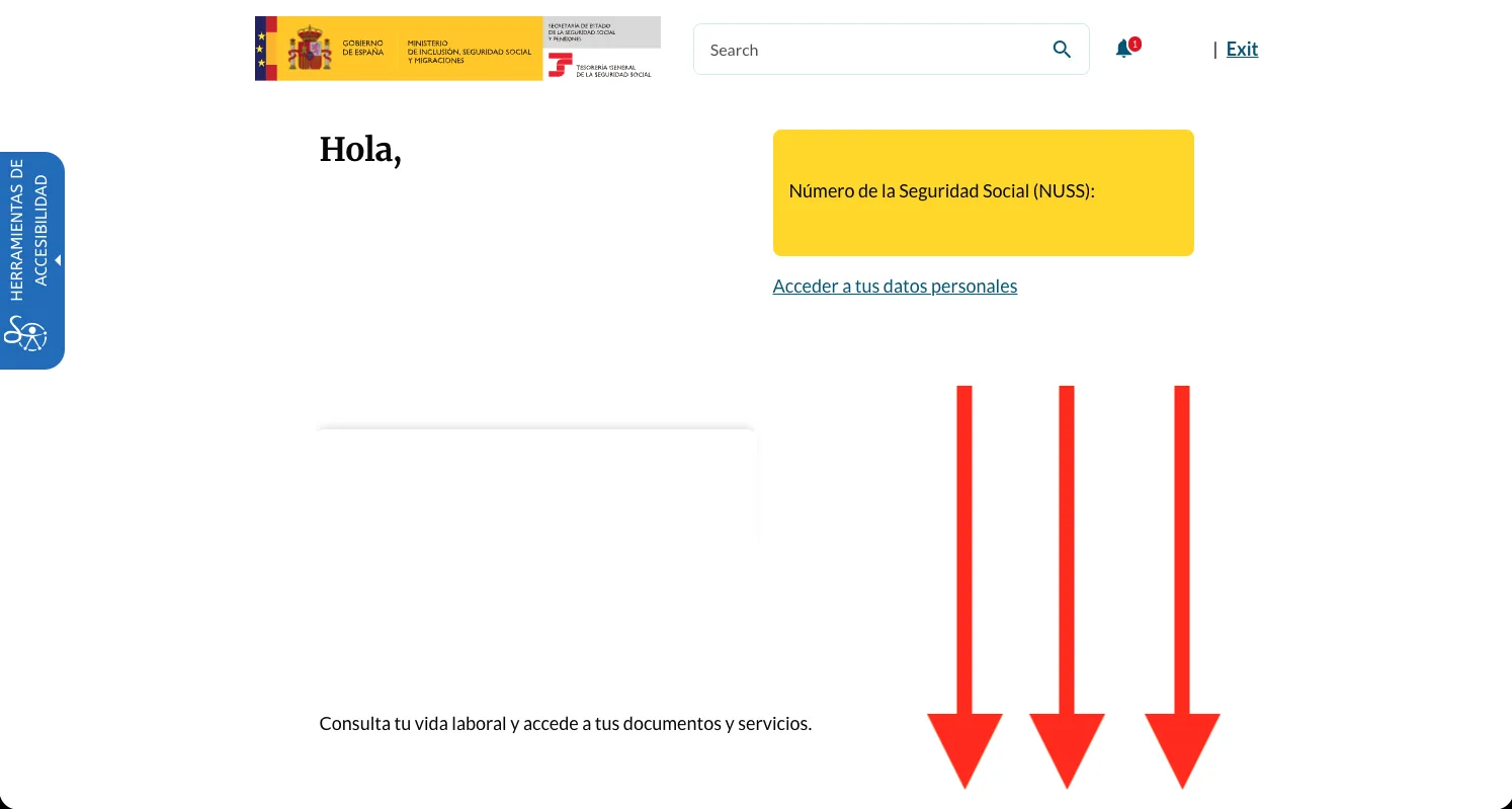 The Seguridad Social 'Área personal general' home screen greeting 'Hola', showing the Número de la Seguridad Social card and red arrows pointing down to the work-life section below.
