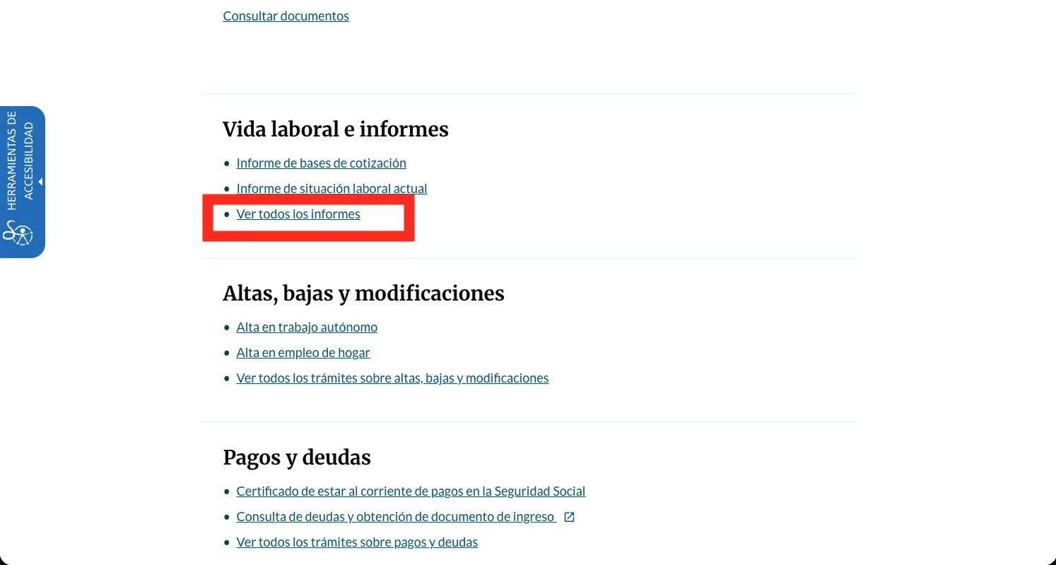 The 'Vida laboral e informes' menu block with the 'Ver todos los informes' link highlighted, above 'Informe de bases de cotización' and 'Informe de situación laboral actual'.