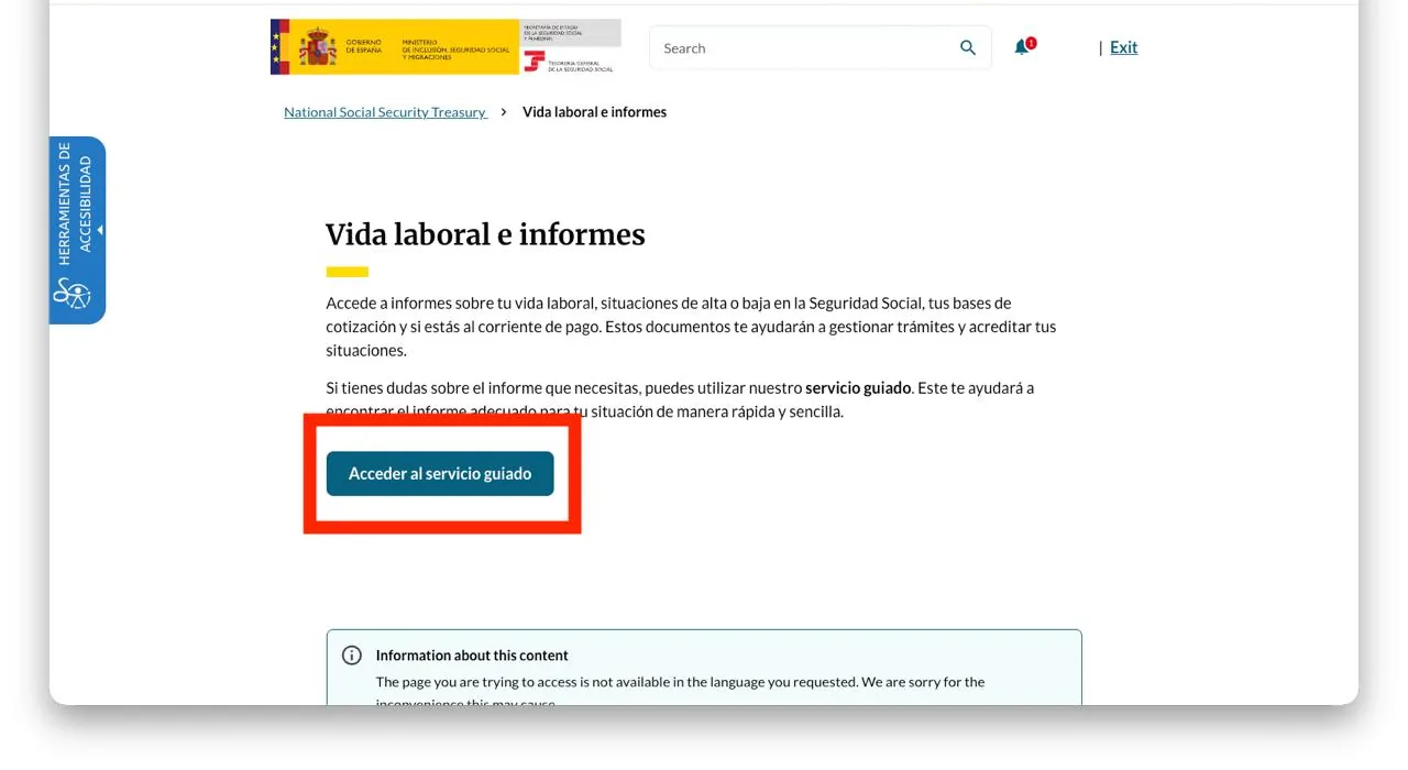The 'Vida laboral e informes' page with the dark blue 'Acceder al servicio guiado' button highlighted below the description of the guided service.