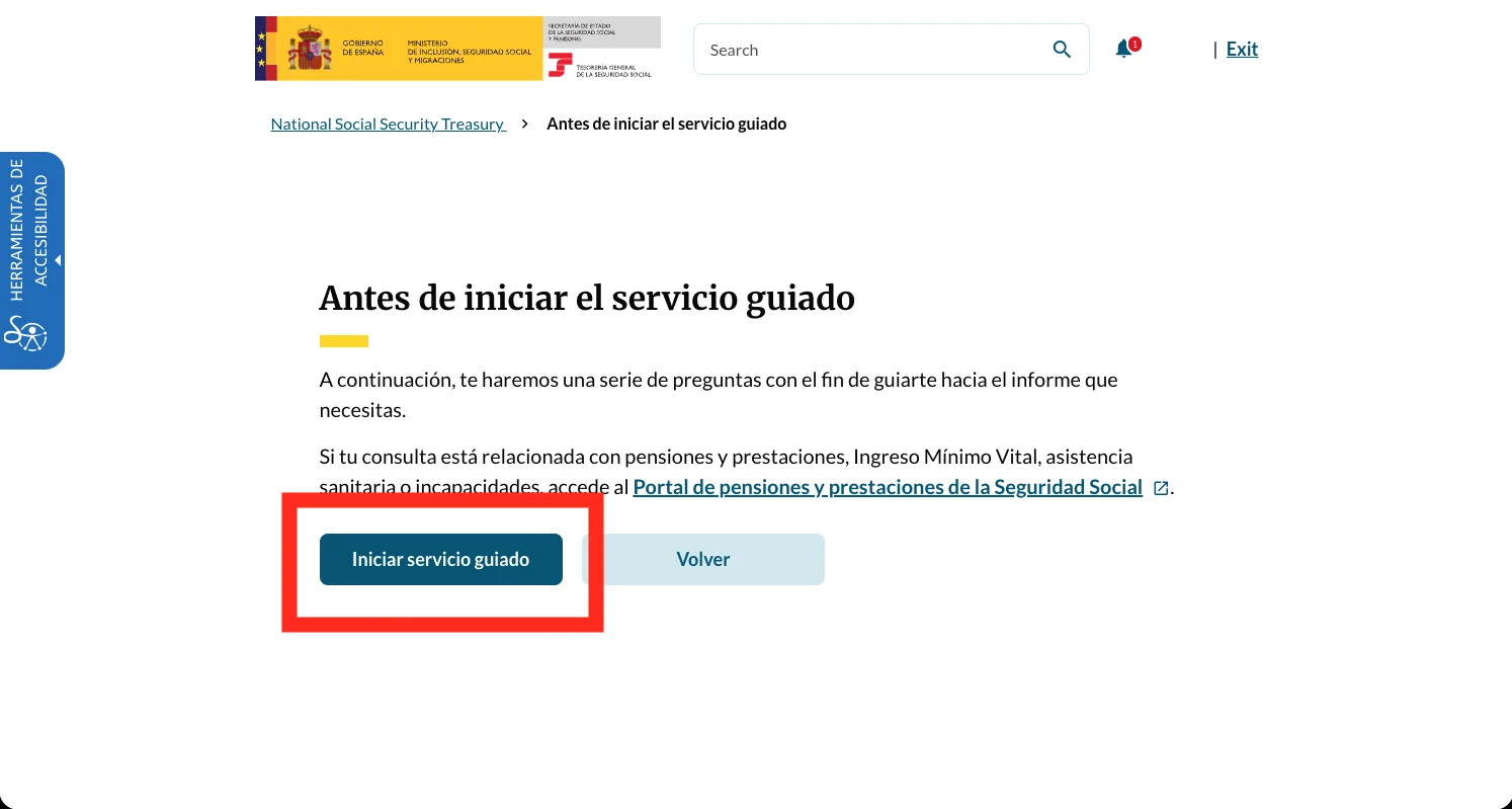 The 'Antes de iniciar el servicio guiado' page with the dark blue 'Iniciar servicio guiado' button highlighted beside a 'Volver' button.