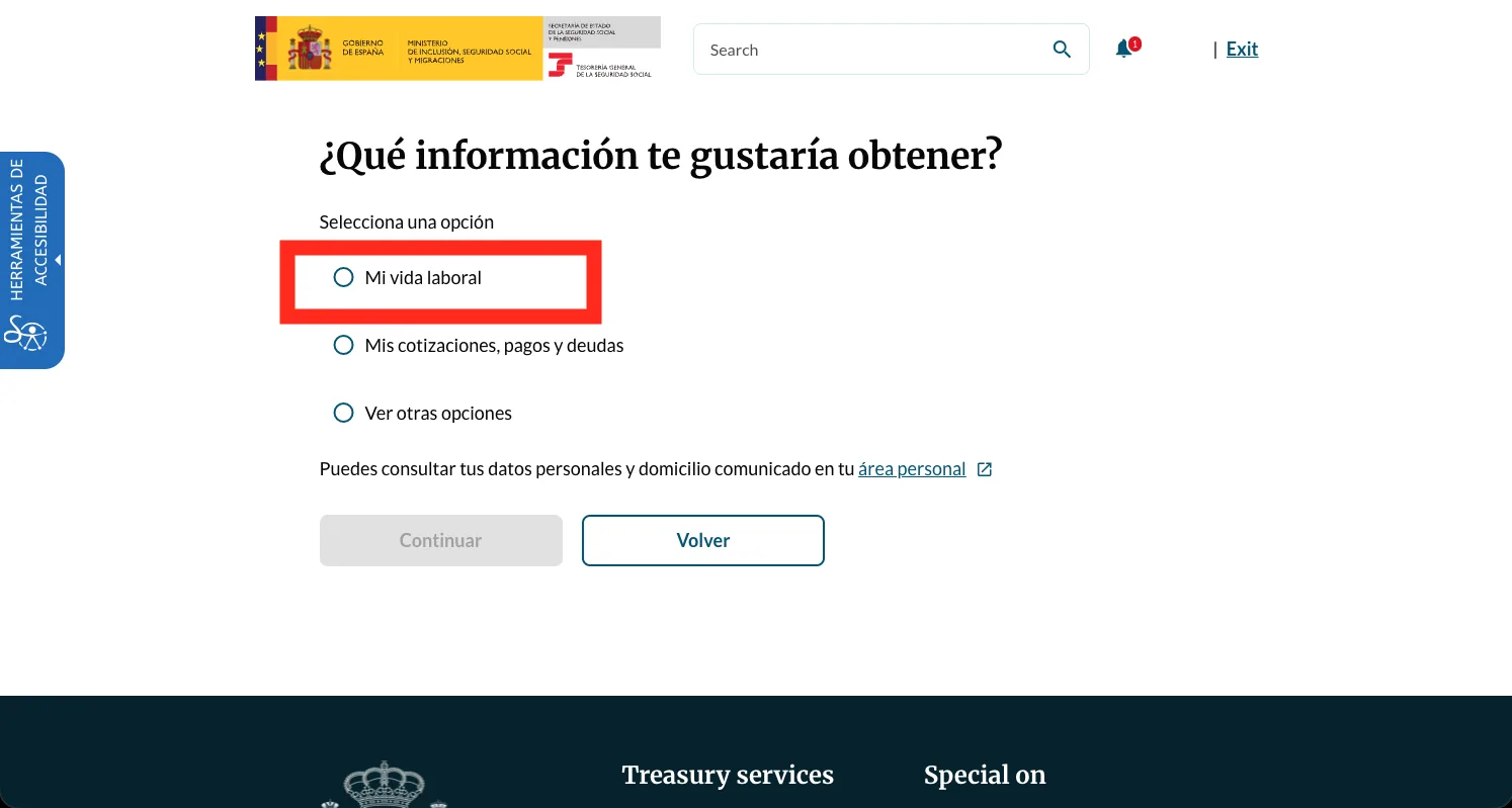The guided-service question '¿Qué información te gustaría obtener?' with the 'Mi vida laboral' option highlighted, above 'Mis cotizaciones, pagos y deudas' and 'Ver otras opciones'.