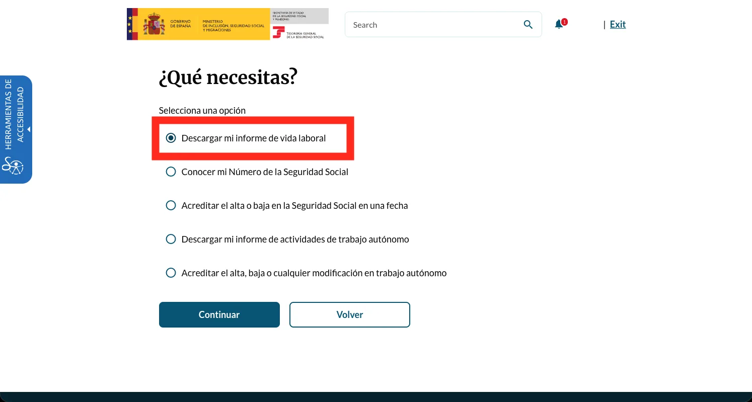 The guided-service question '¿Qué necesitas?' with 'Descargar mi informe de vida laboral' selected and highlighted, above options about the Número de la Seguridad Social and autónomo activity.