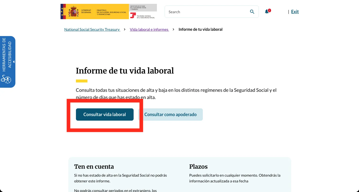 The 'Informe de tu vida laboral' page with the dark blue 'Consultar vida laboral' button highlighted beside 'Consultar como apoderado'.