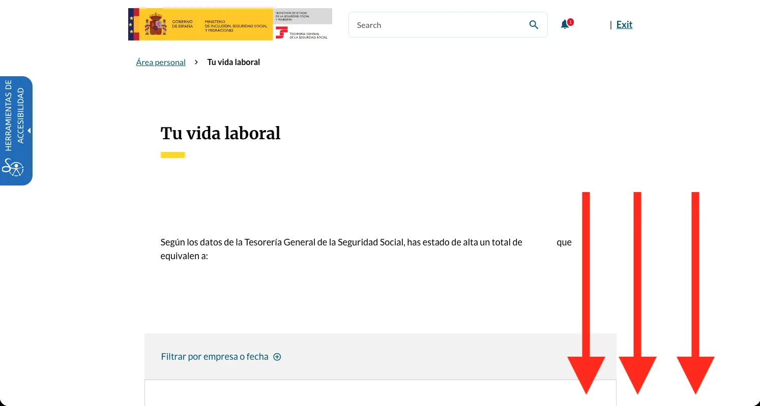 The 'Tu vida laboral' results page summarising your registered periods, with red arrows pointing down to the 'Filtrar por empresa o fecha' section and the record below.