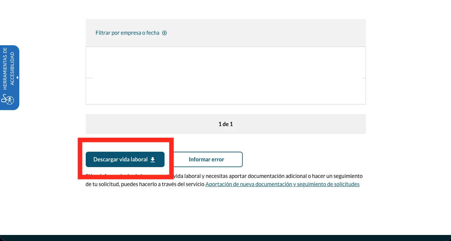 The bottom of the 'Tu vida laboral' page with the dark blue 'Descargar vida laboral' download button highlighted beside 'Informar error'.