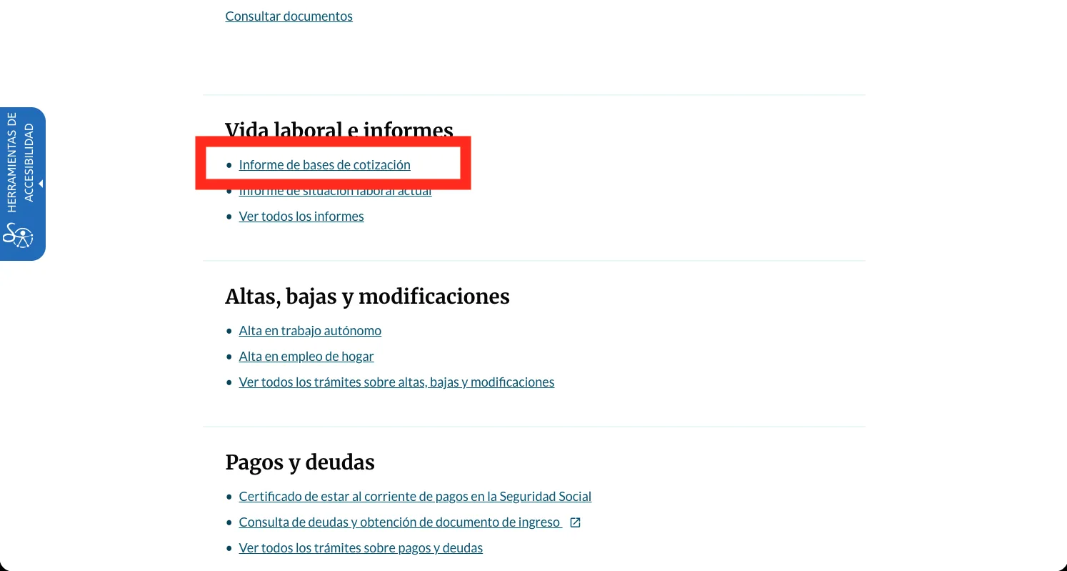 The 'Vida laboral e informes' menu block with the 'Informe de bases de cotización' link highlighted, above 'Informe de situación laboral actual' and 'Ver todos los informes'.