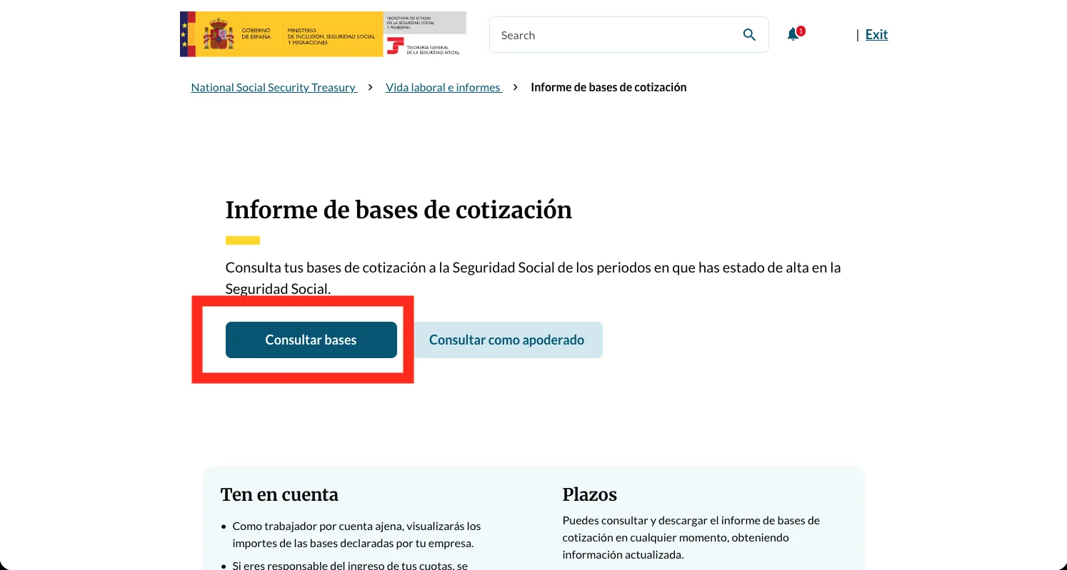 The 'Informe de bases de cotización' page with the dark blue 'Consultar bases' button highlighted beside 'Consultar como apoderado'.
