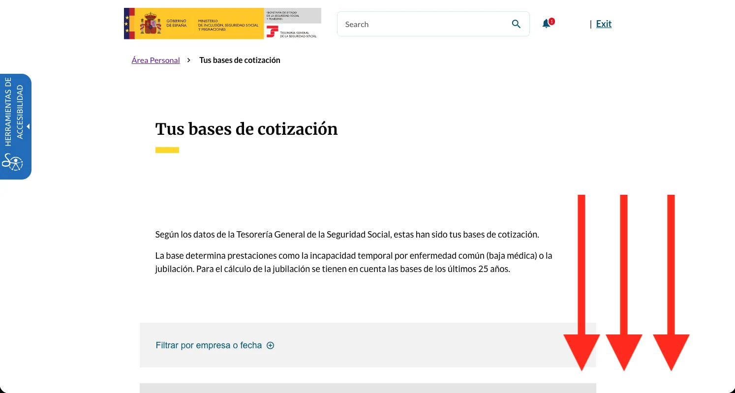 The 'Tus bases de cotización' results page explaining that the base determines benefits like retirement, with red arrows pointing down to the 'Filtrar por empresa o fecha' section and the bases below.