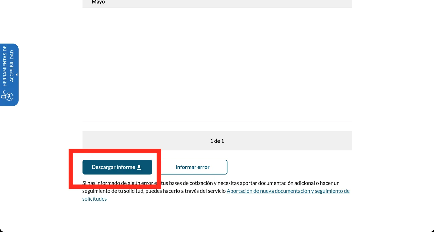The bottom of the 'Tus bases de cotización' page with the dark blue 'Descargar informe' download button highlighted beside 'Informar error'.