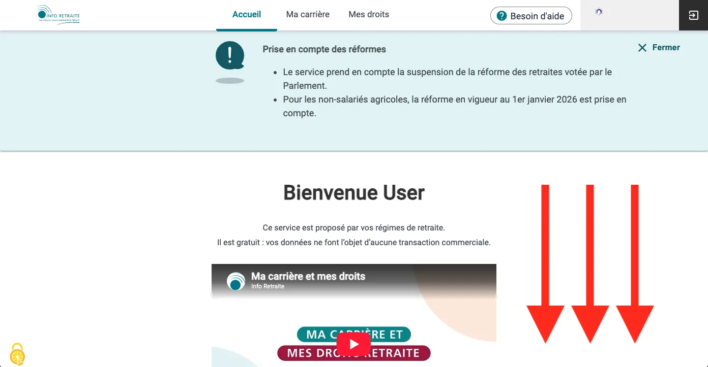 The 'Ma carrière' application welcome screen, headed 'Bienvenue User', with a top menu of Accueil, Ma carrière and Mes droits and a note that the service is free. Three large red arrows point downward, indicating that you should scroll down the page.