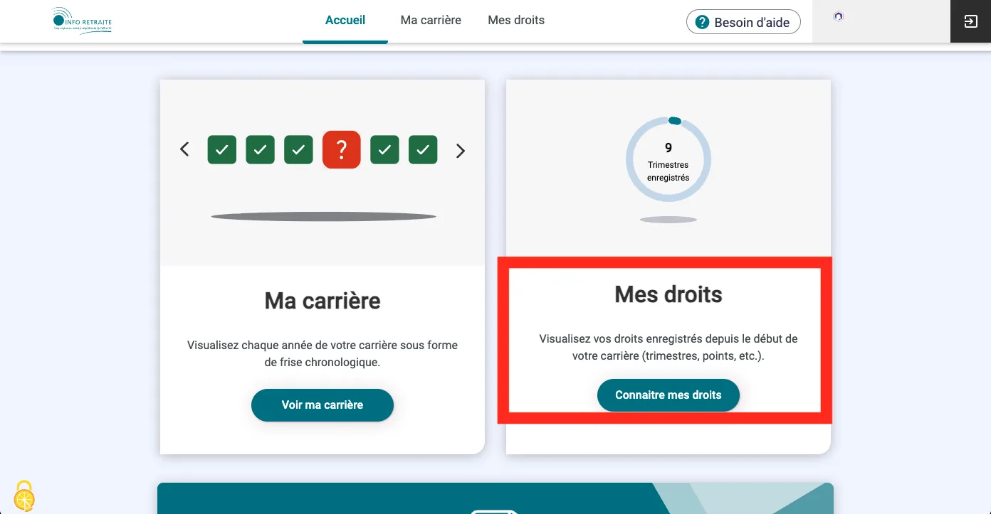 Two cards in the career app. On the left, 'Ma carrière' with a 'Voir ma carrière' button; on the right, ringed in red, 'Mes droits' - 'Visualisez vos droits enregistrés depuis le début de votre carrière (trimestres, points, etc.)' - with a 'Connaître mes droits' button and a dial showing registered quarters.