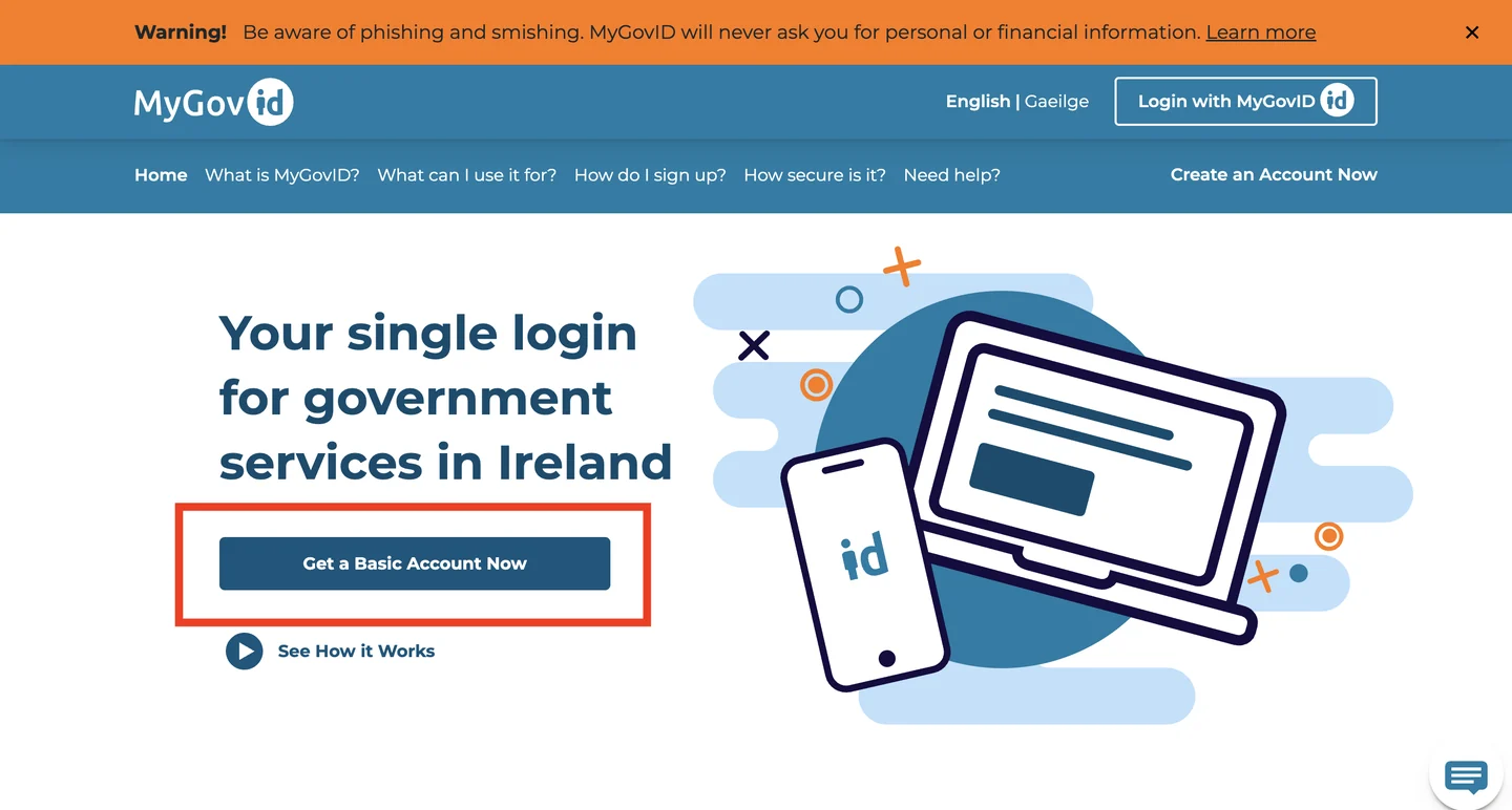 The MyGovID homepage with the 'Get a Basic Account Now' button highlighted below the heading 'Your single login for government services in Ireland'.