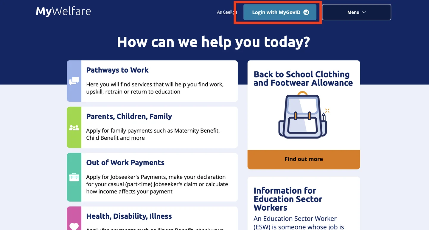 The MyWelfare.ie homepage header with the blue 'Login with MyGovID' button highlighted at the top right, beside the Menu button.
