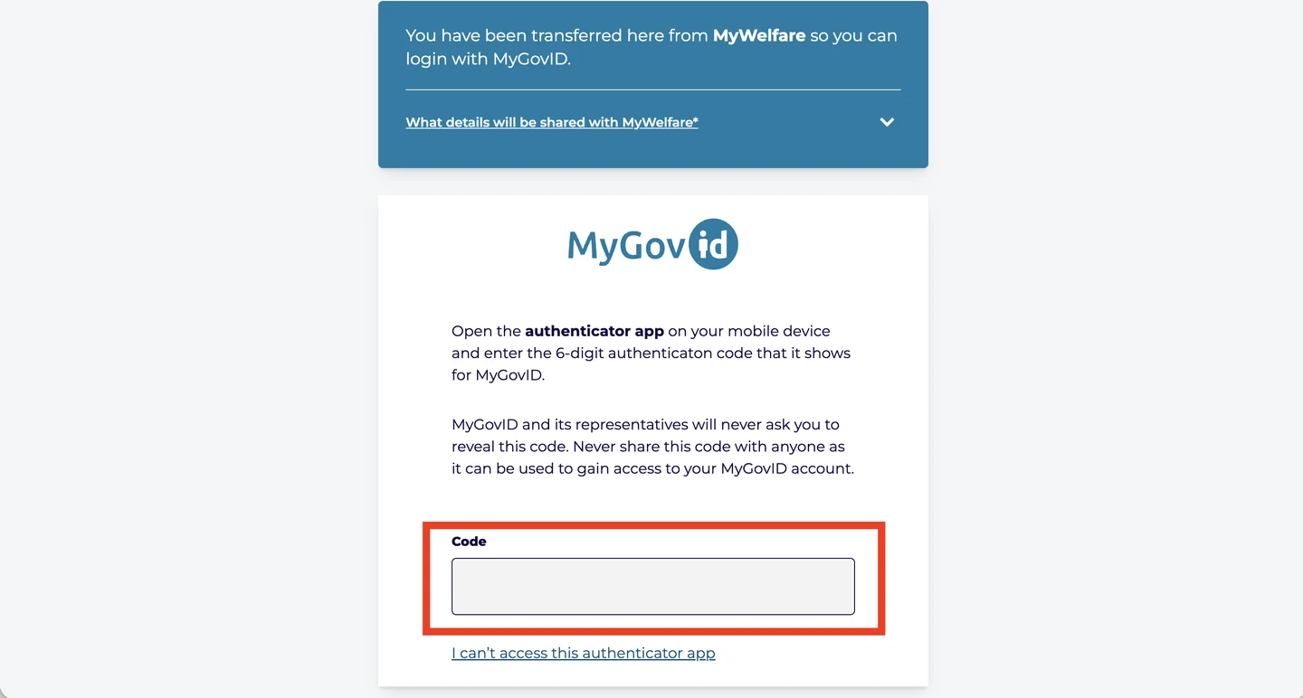 The MyGovID two-factor screen with the 'Code' input field highlighted, above a link reading 'I can't access this authenticator app'.