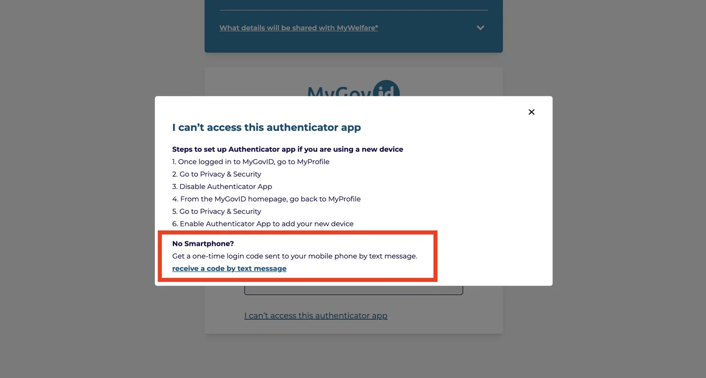 The 'I can't access this authenticator app' panel on MyGovID, with the 'No Smartphone?' section and its 'receive a code by text message' link highlighted at the bottom.