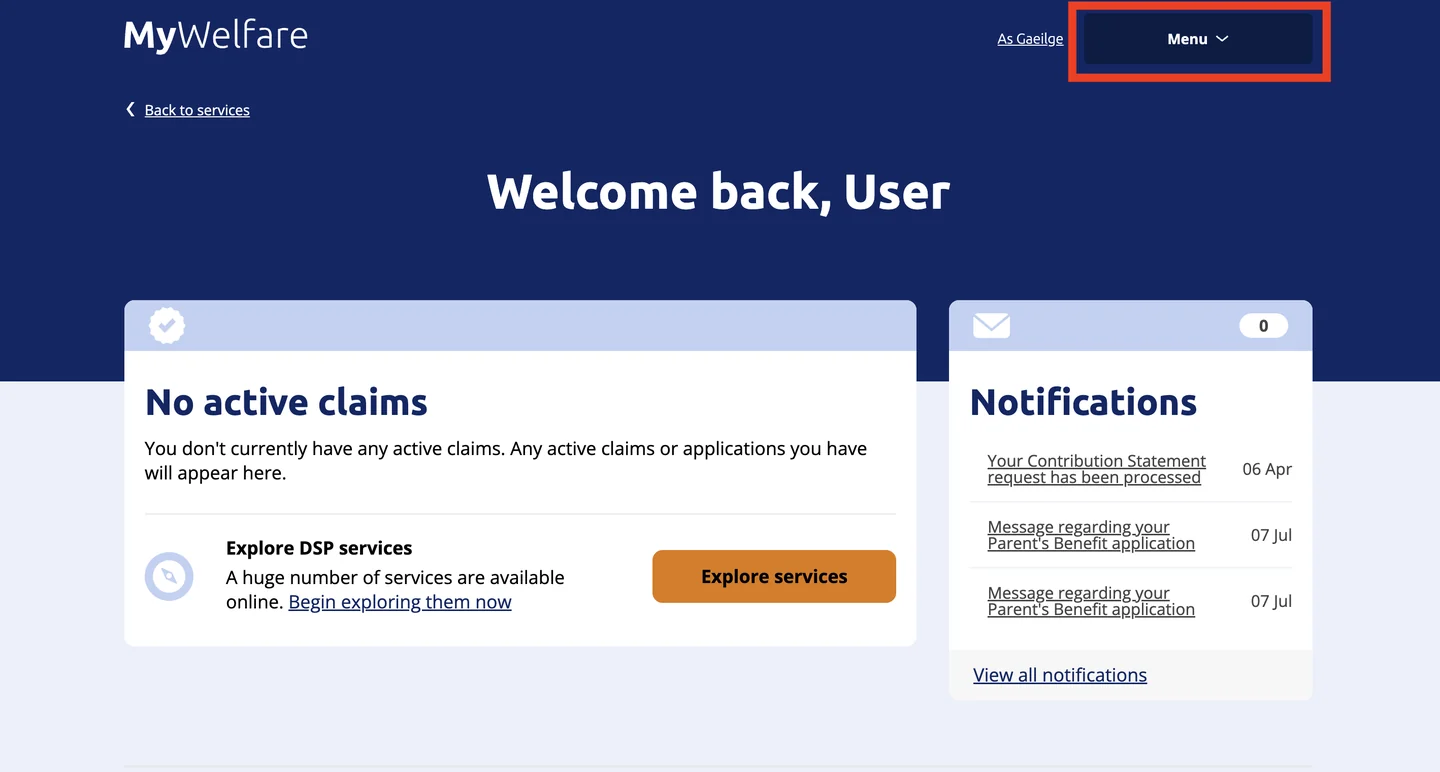 The MyWelfare 'Welcome back' dashboard with the dark 'Menu' button highlighted at the top right of the page.