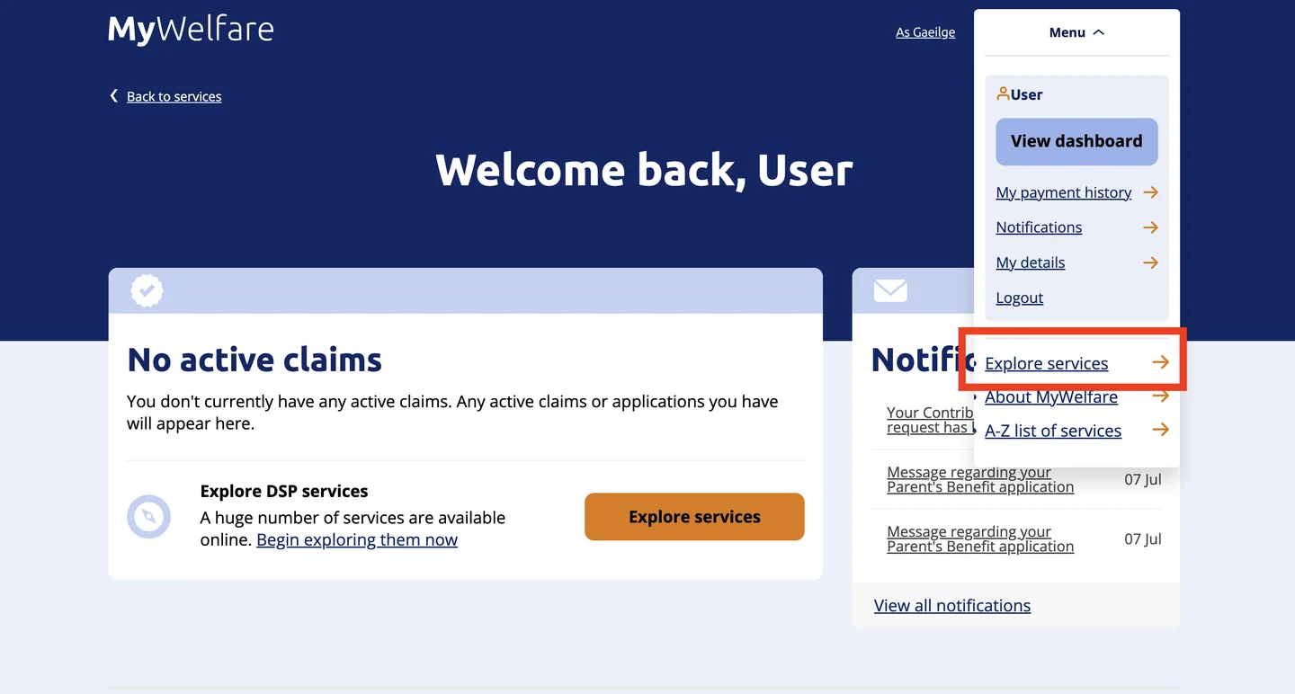 The open MyWelfare menu with 'Explore services' highlighted, below the account links View dashboard, My payment history, Notifications, My details and Logout.
