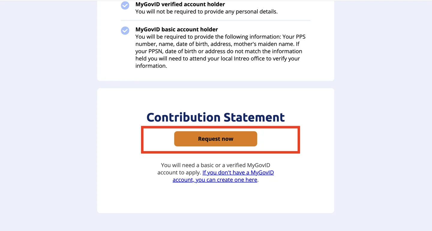 The bottom of the MyWelfare Contribution Statement page with the orange 'Request now' button highlighted under the heading 'Contribution Statement'.