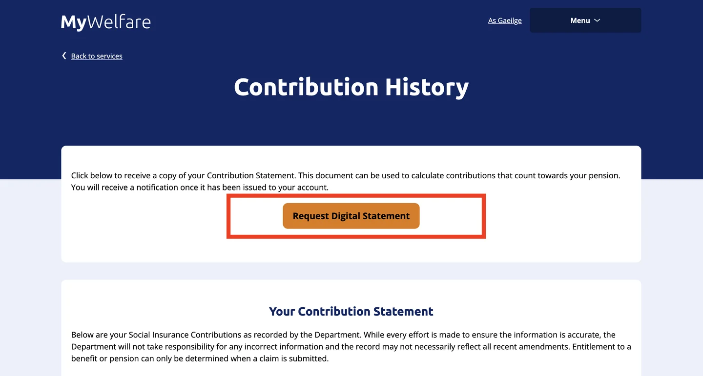 The MyWelfare Contribution History page with the orange 'Request Digital Statement' button highlighted, above a section headed 'Your Contribution Statement'.