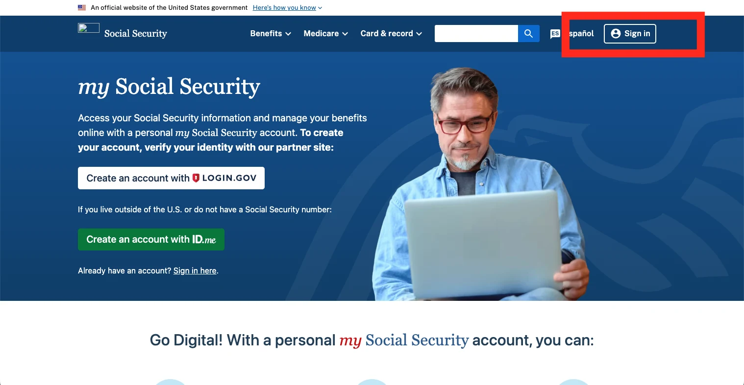 The my Social Security homepage at ssa.gov/myaccount with the 'Sign in' button highlighted at the top right of the dark blue header, beside the español language toggle; the page body offers 'Create an account with Login.gov' and 'Create an account with ID.me'.