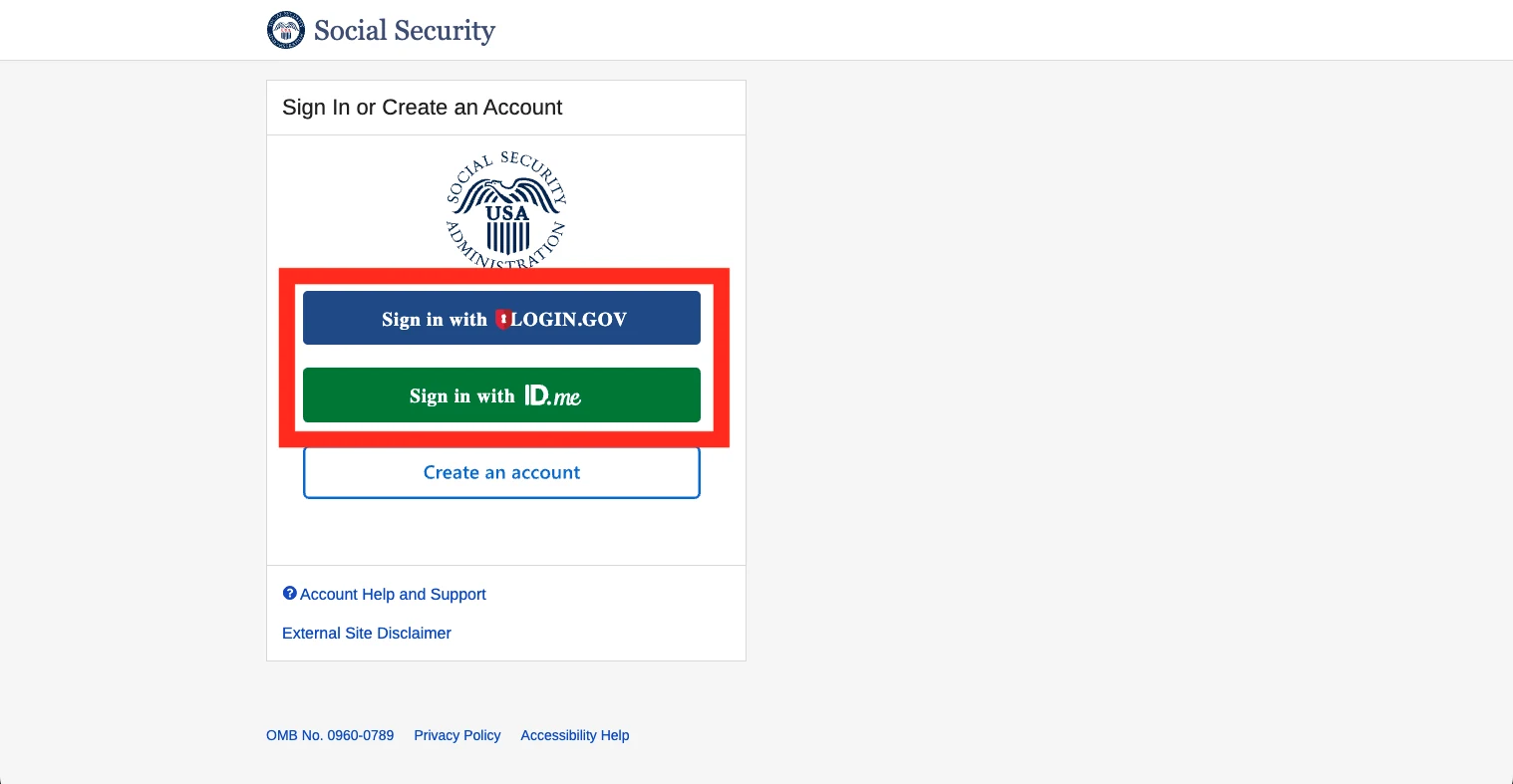 SSA's 'Sign In or Create an Account' screen with the two provider buttons highlighted - 'Sign in with LOGIN.GOV' in dark blue above 'Sign in with ID.me' in green - over a bordered 'Create an account' button.