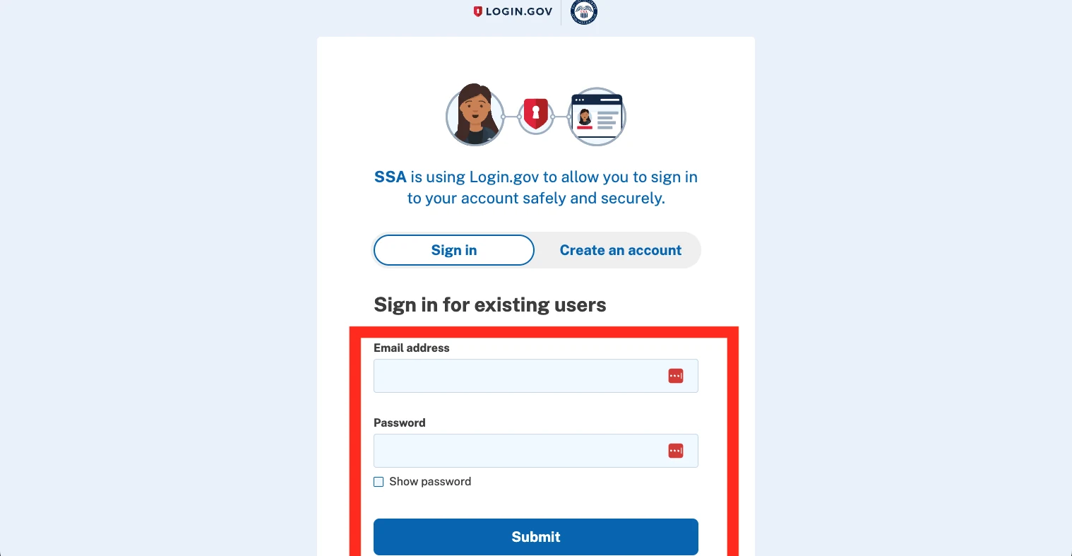 The Login.gov 'Sign in for existing users' form on secure.login.gov, with the Email address field, the Password field and the blue Submit button highlighted, beneath a note that SSA is using Login.gov to sign you in.