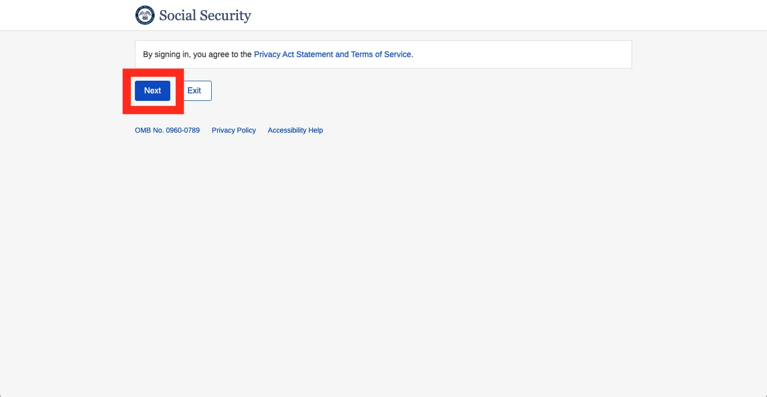An SSA screen reading 'By signing in, you agree to the Privacy Act Statement and Terms of Service' with the blue 'Next' button highlighted beside an Exit link.