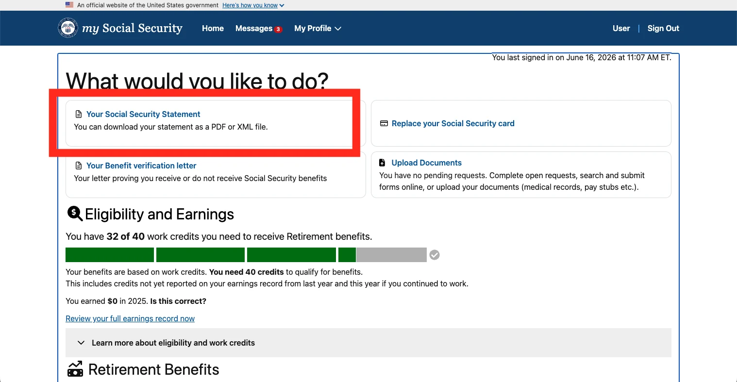 The my Social Security dashboard headed 'What would you like to do?' with the 'Your Social Security Statement' panel highlighted, above 'Your Benefit verification letter' and beside 'Replace your Social Security card' and 'Upload Documents'.