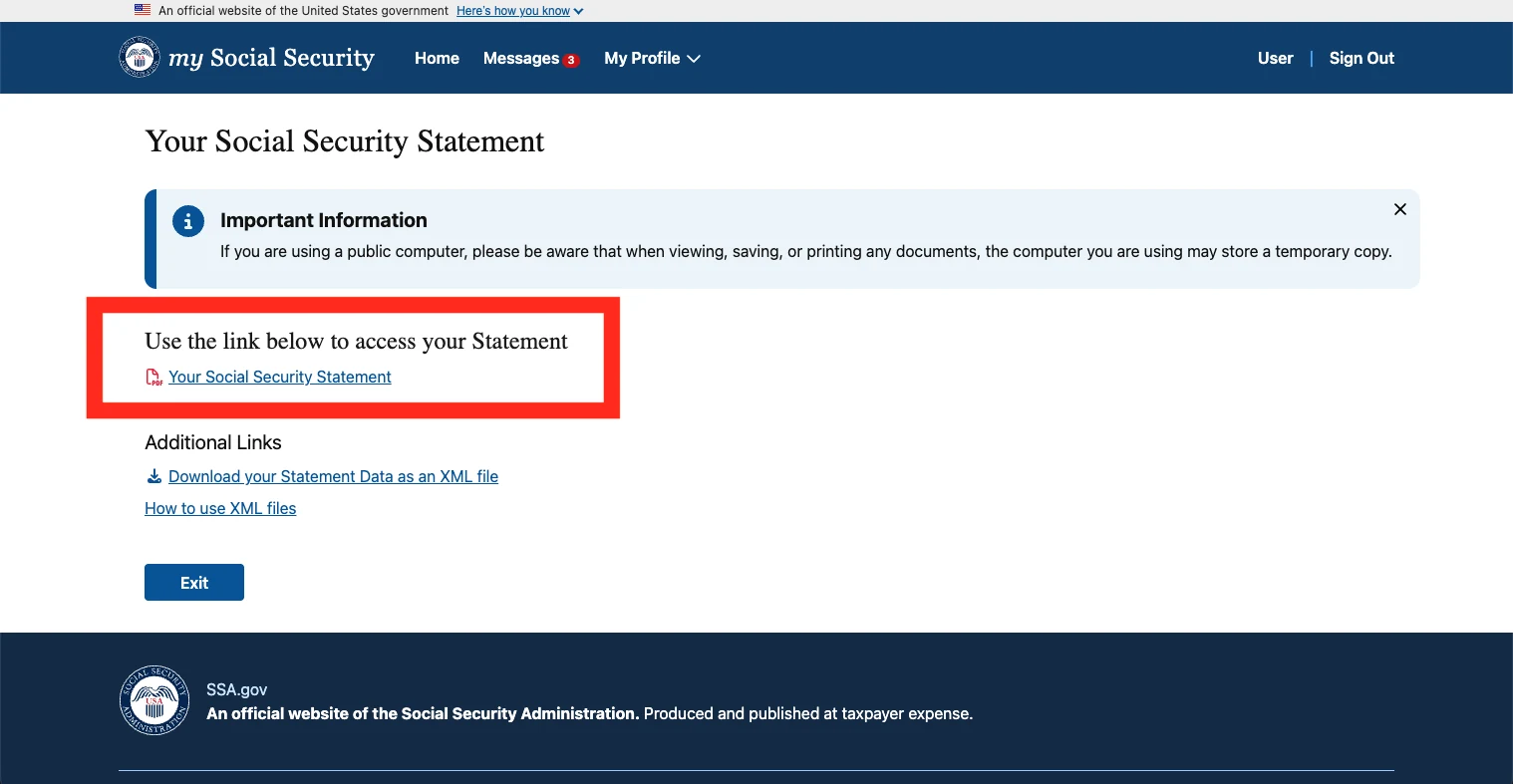 The 'Your Social Security Statement' page with the 'Your Social Security Statement' PDF link highlighted under the heading 'Use the link below to access your Statement', above an 'Additional Links' section offering 'Download your Statement Data as an XML file'.